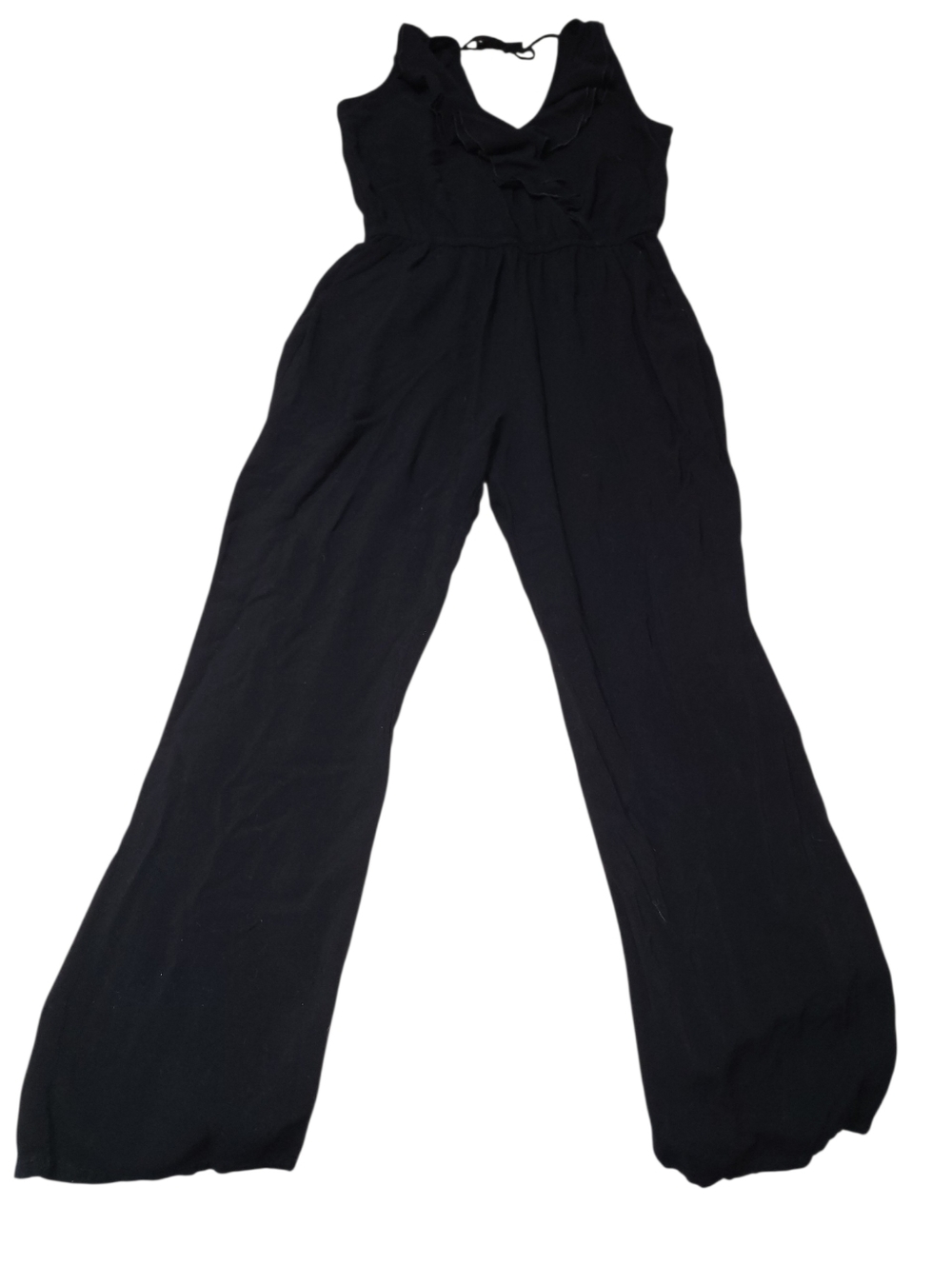 💲2️⃣ Trendsetter Sleeveless Black Ruffle Cross-Over V-Neck Jumpsuit Size Med - Picture 10 of 13